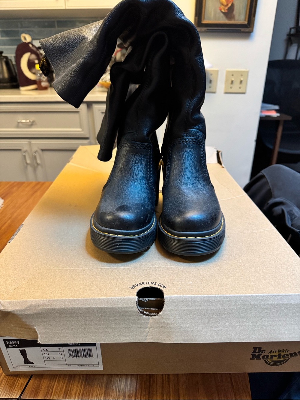 Dr. Martens Black Leather Platform Boots with Yellow Stitching